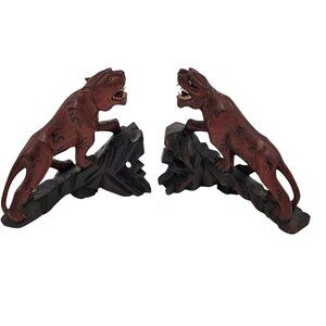 Pair of Antique Hand-Carved Rosewood Tigers with Glass Eyes